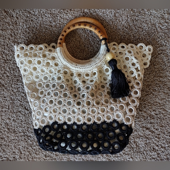 Studio Collection Crochet Tote Bag with Woven Handle - Picture 1 of 12